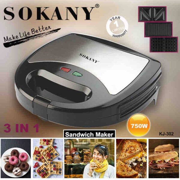 Sokany 3-in-1 Waffle Maker, Grill, Toaster, Sandwich